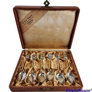 6 Antique W&J Wagner 800 Silver Enamel German Souvenir Demitasse Spoons and Case